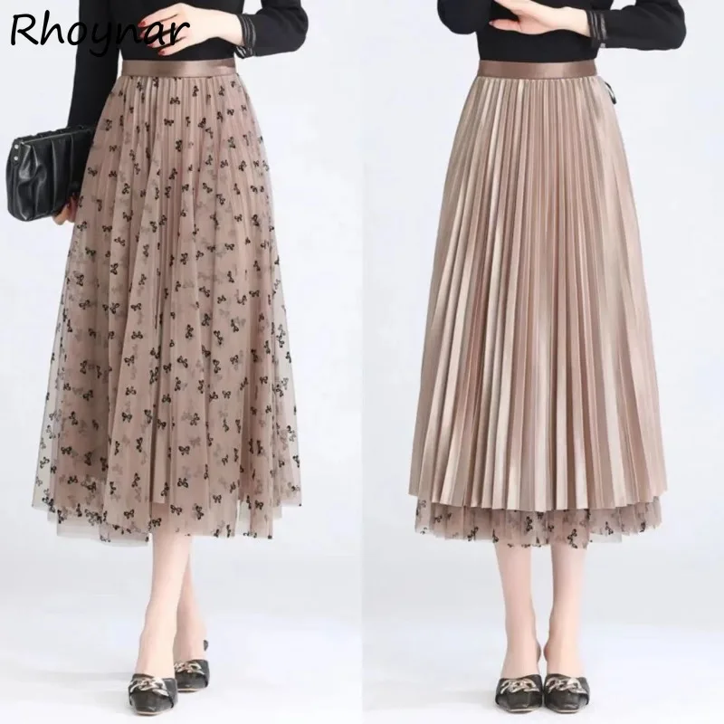 Mesh Skirts Women Korean Style Reversible Elastic Waist Pleated Bow Printed Slim Leisure All-match Daily Elegant Trendy Spring