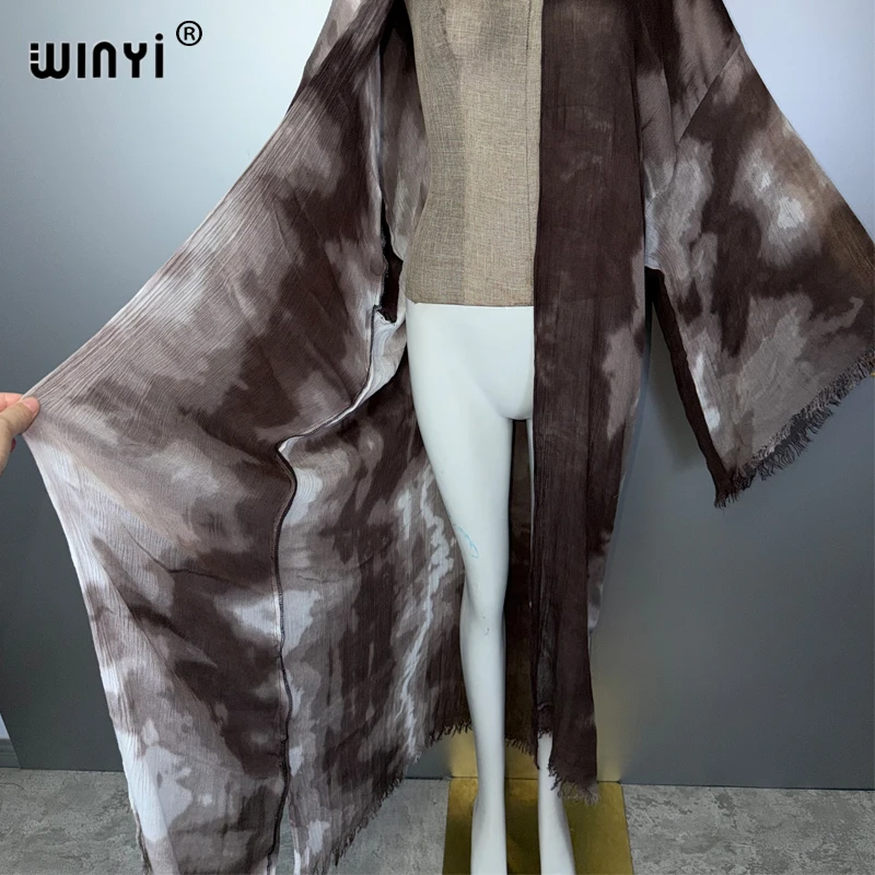 WINYI new Women's Boho Long Sleeve Cardigan Muslim Abaya Tie-Dye Kimono Print Luxury Dubai Style Cover up Kaftan Dress 4
