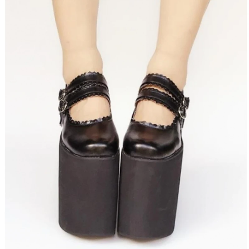 Black Extreme Platform Heels Buckle Straps Pumps Gothic Punk Style Wedge Dress Up Performance Shoes Harajuku Lolita Mary Jane