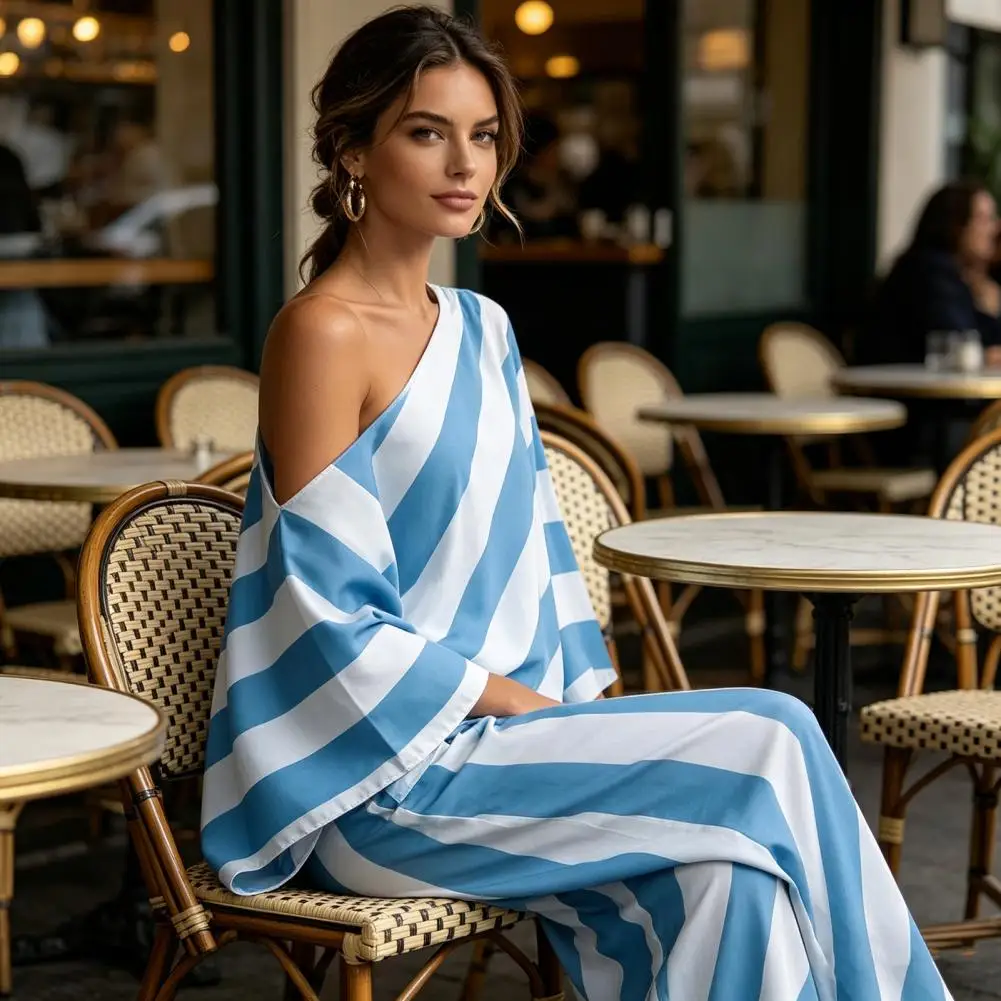 

Women Two-piece Suit Women's Striped Two-piece Set Casual One-shoulder Long Sleeve Top Pants Matching Outfit Summer Lounge