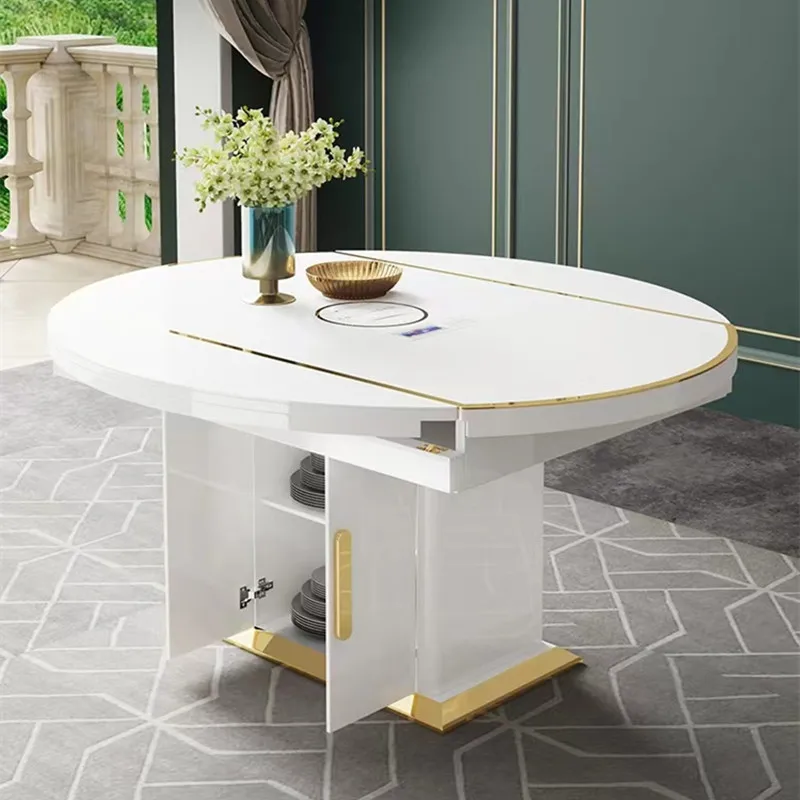 Extendable Long Dining Table Modern Round White Marble Mobile Restaurant Table Luxury Space Saving Esstisch Sets Furniture