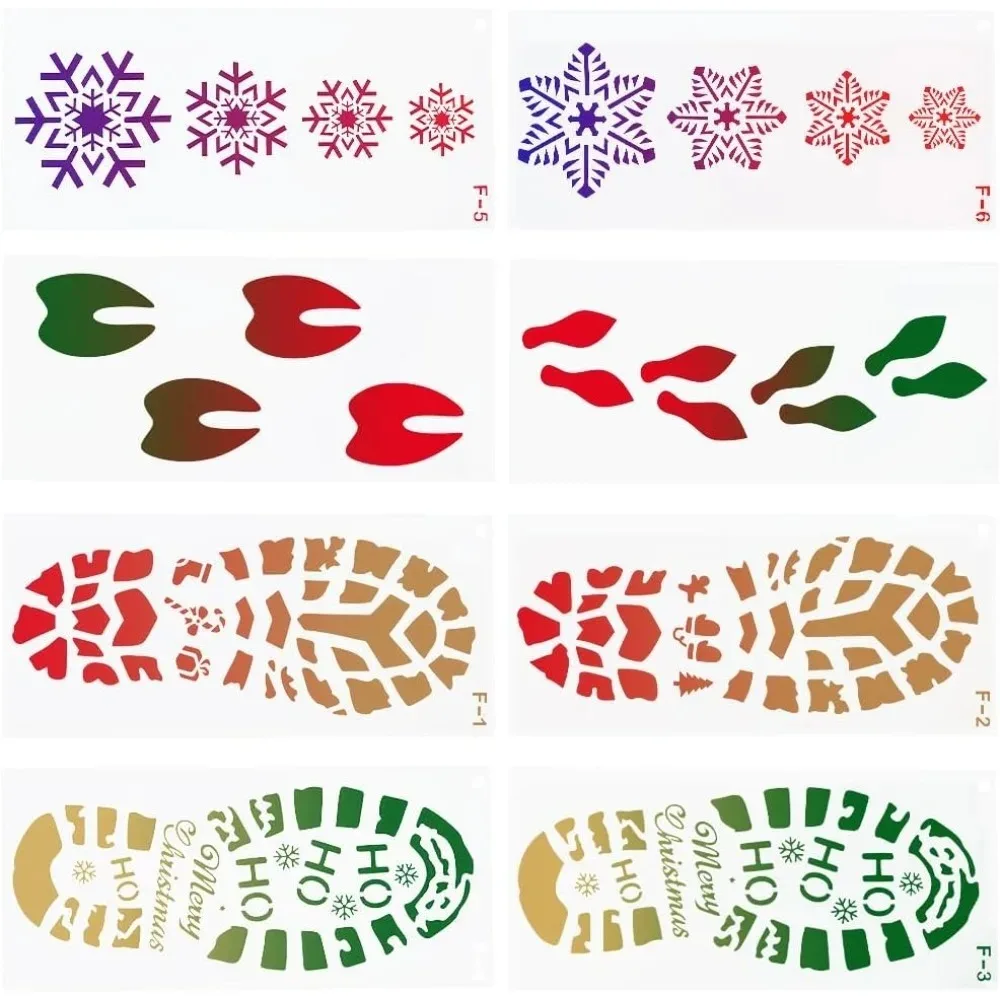 Plantillas de huellas navideñas, bota de Papá Noel, copo de nieve, dibujo grande, plantilla de plástico, pintura, 8 Uds.