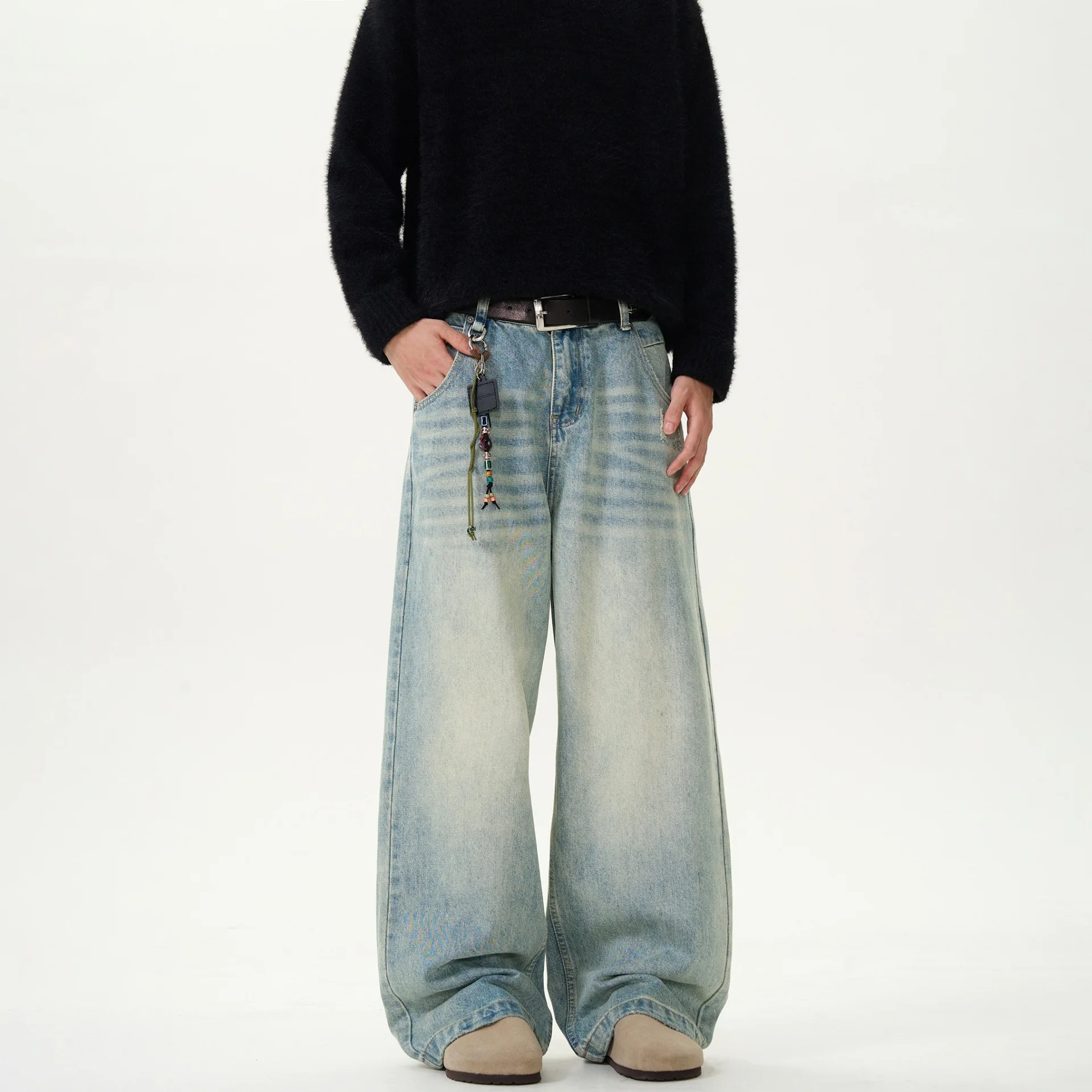 

Men's Elegant American Style Straight Wide Leg Baggy Jeans Male Fashion Vintage Wash Casual Denim Pants Streetwear Trousers