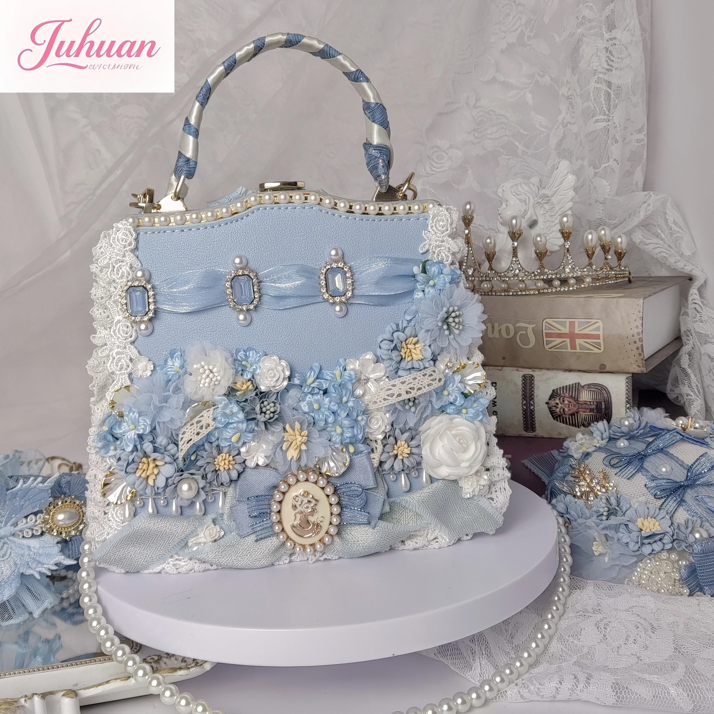 

Vintage Gorgeous Women's Handbag Lolita Lace Wedding Carat Shoulder Bags Sweet Girl Blue Bow Rhinestone Pearl Messenger Bag