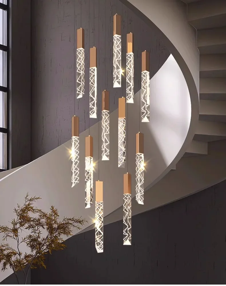 

Gold acrylic led chandelier for spiral staircase hanging light aluminum design luxury home decor duplex villa living room light