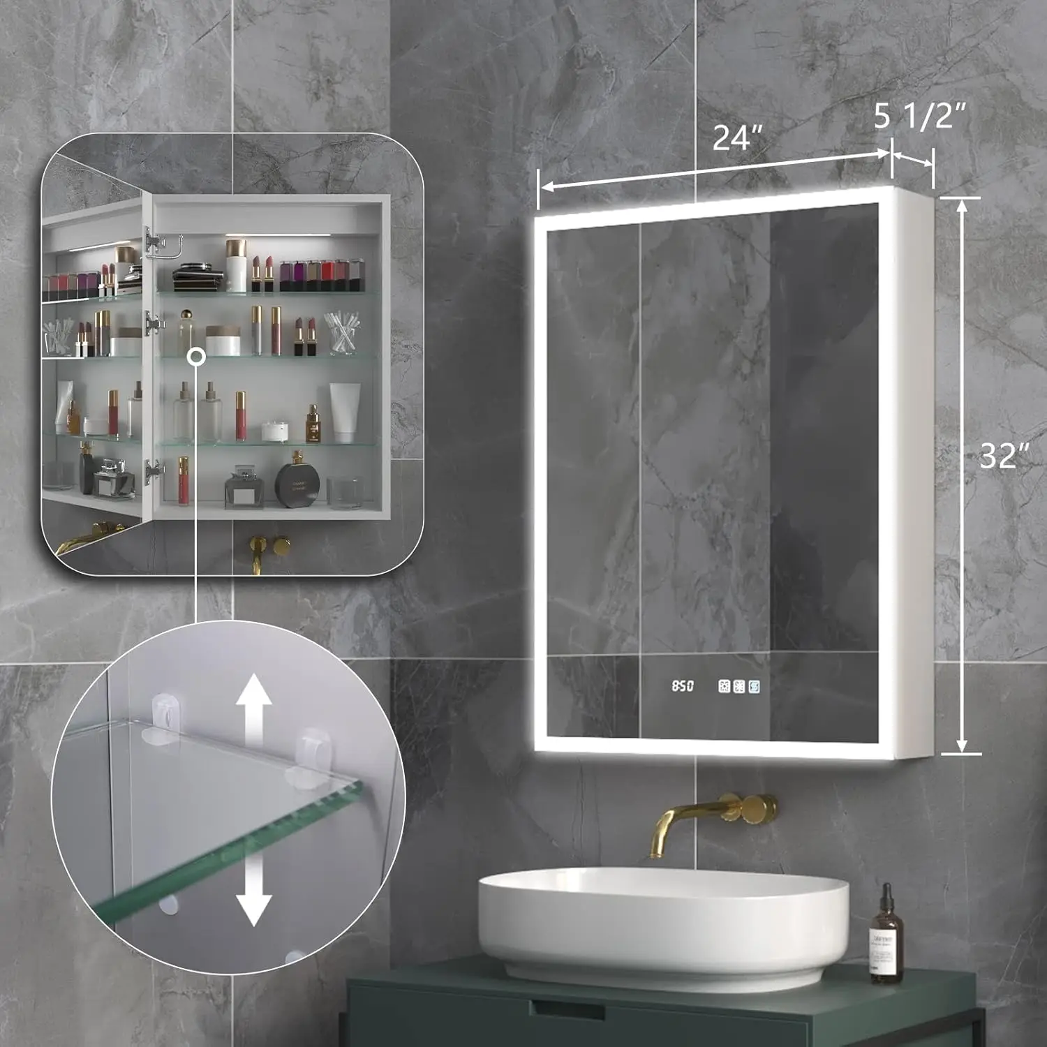 Exbrite Lighted Medicine Cabinet 24 X 32 Inch,Recessed Or Surface Led Medicine Cabinet, Clock&Room Temp