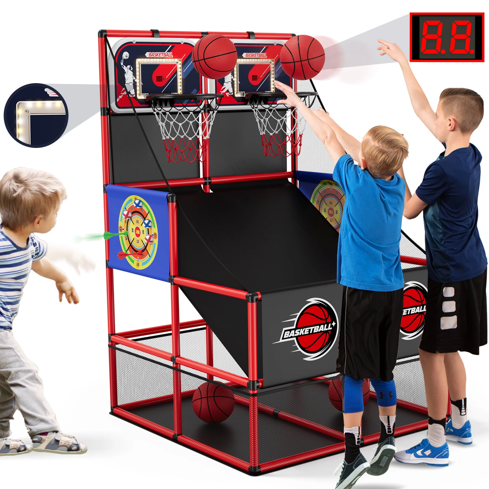 Kids Indoor Outdoor Games - 2-in-1 Dual-Shot-Basketball-Arcade-Spiel mit 2 Dartscheiben/Elektronischer Anzeigetafel/LED-Beleuchtung,