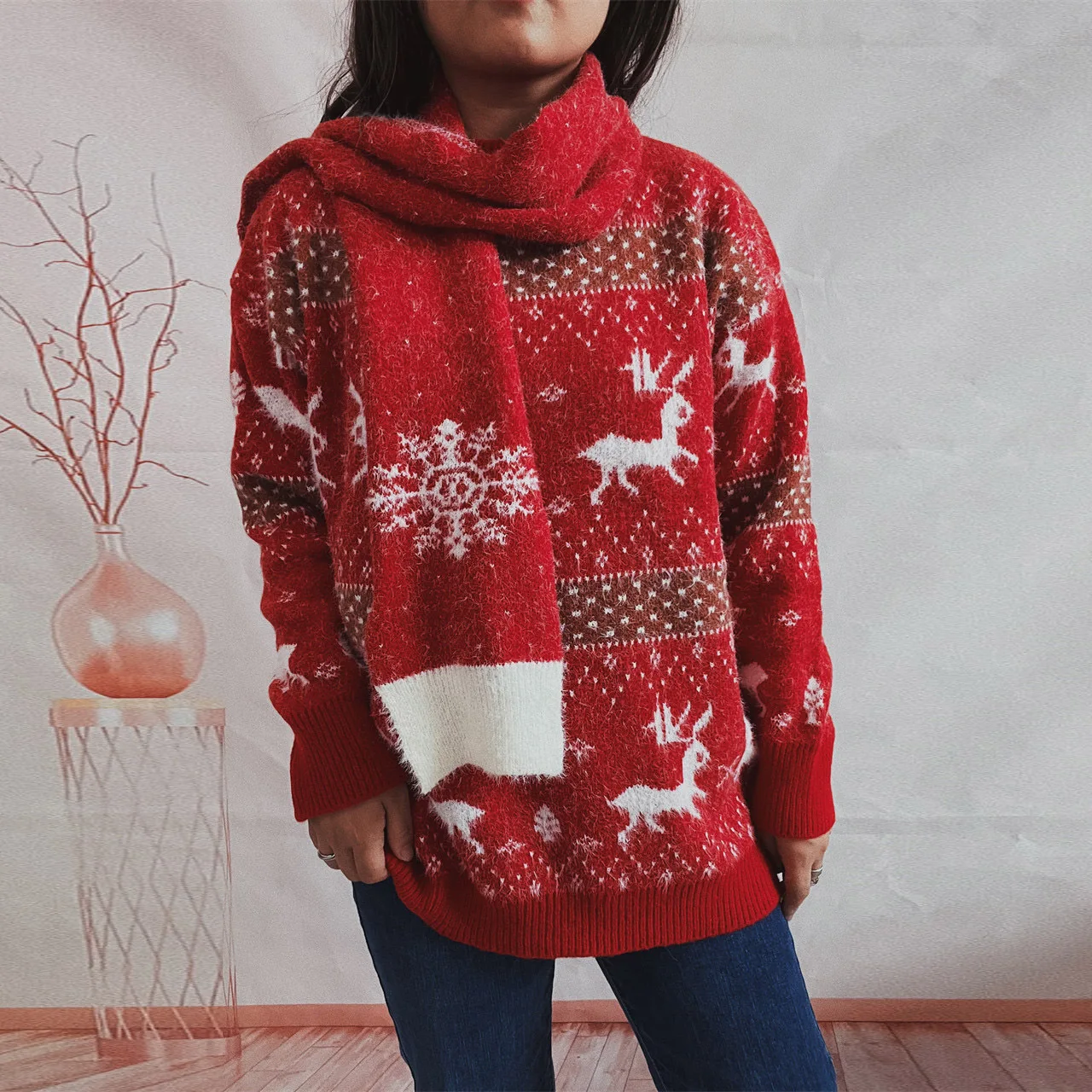 2024 Autumn/Winter New Round Neck Long Sleeve Little Deer Snowflake Jacquard Christmas Sweater Scarf Two Piece Set