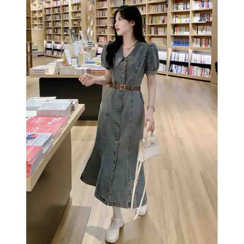 2024 Hong Kong Flavor Female Denim Dress New High Waist  A-line Jeans Dress Women Design Sense Summer Short Sleeved Cowboy Dress