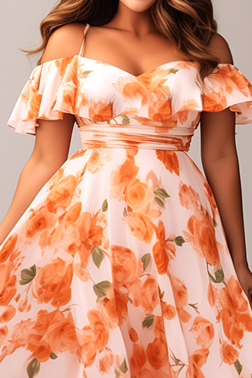 Flycurvy Plus Size Vacation Orange Chiffon Floral Print Cold Shoulder High Low Hem Maxi Dress