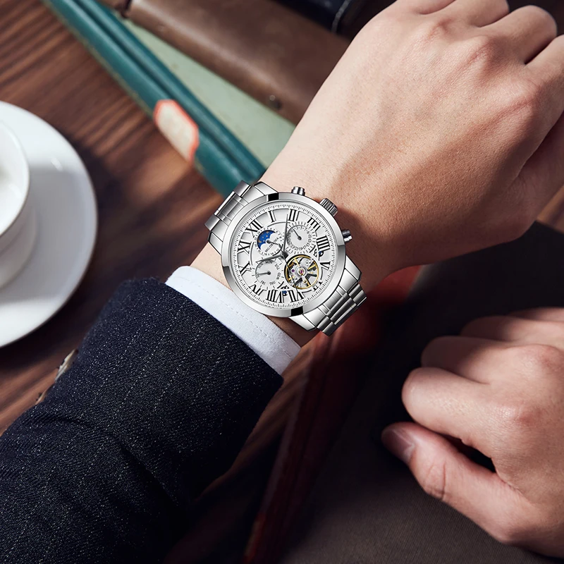 Top Brand Men's Tourbillon Watches Luxury Automatic Moon Phase Mechanical Watch for Men Stainless Steel Fashion Wristwatch Male