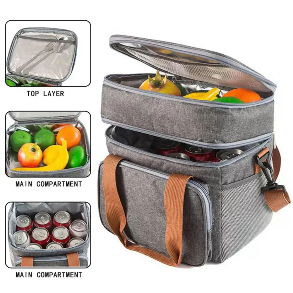 High-quality Lunch Carrier Multi-pocket Double Layer Lunch Bag with Shoulder Strap for Office Picnic Durable Waterproof Thermal