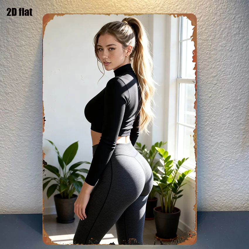 Blonde Fitness Girl in Black Outfit High Definition Tin Painting Vintage Metal Sign Wall Art Decor