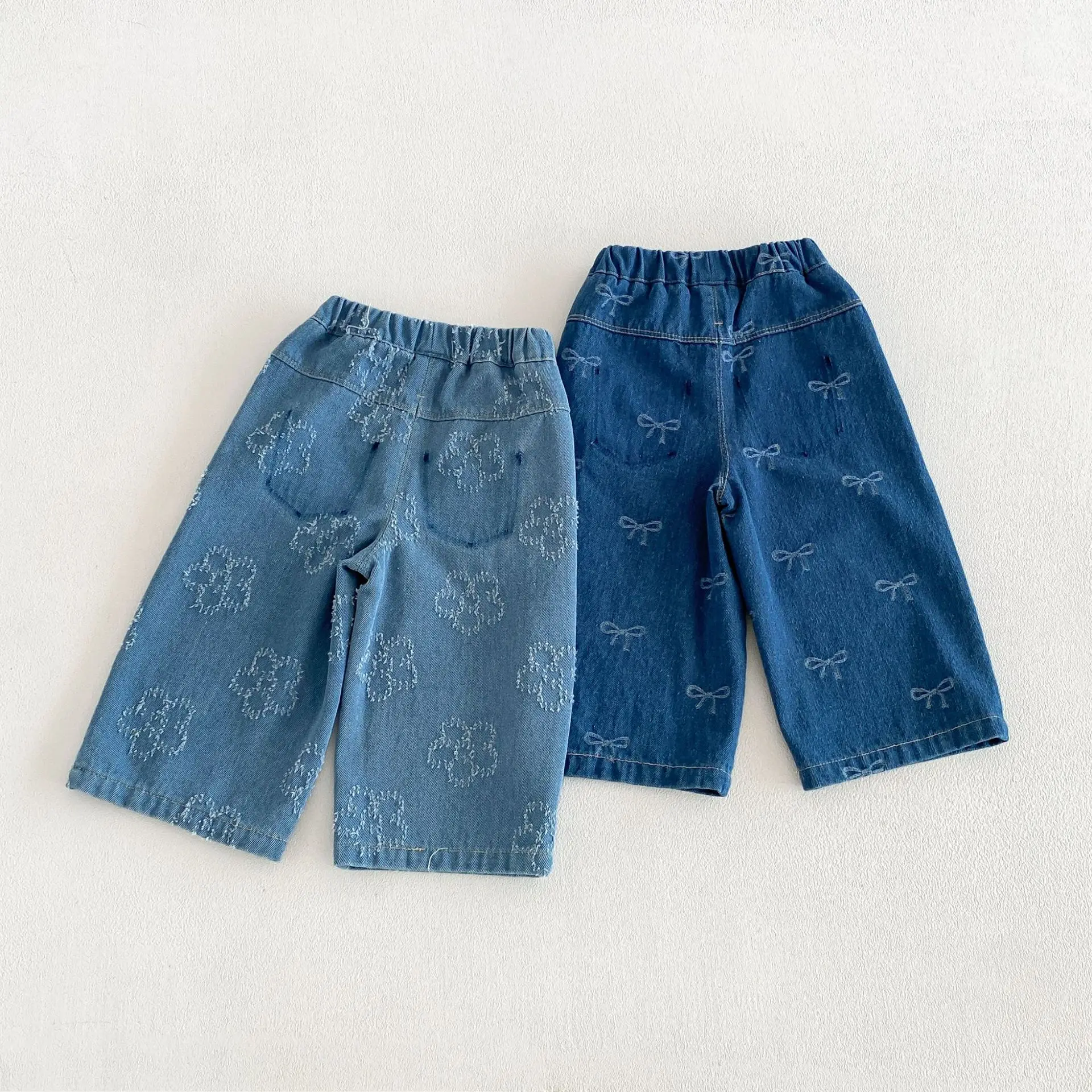 Girls Bow Printed Jeans 2026 Autumn Korean-style Baby Girl Denim Pants Toddler Kids Soft Casual Trousers Children's Trousers
