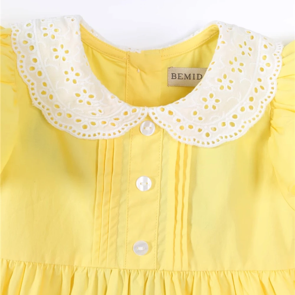 Summer Flying Sleeves Girls Yellow Princess Dress Blouses Tops Cute Cottone Casual Children Kids Baby Girl Clothes Shirts Dress