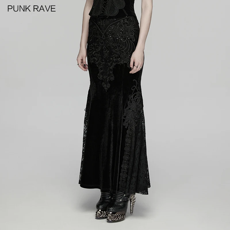 PUNK RAVE Women's Gothic Velvet and Lace Embroidered Nobility Dark Skirt Party Club Elegance Halloween Long Skirts for Women