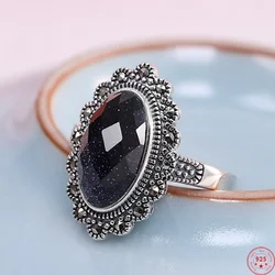 Genuine S925 Sterling Silver Charms Rings for Women New Fashion Flowers Tangent Plane Sandstone Marcasite Jewelry Wholesale
