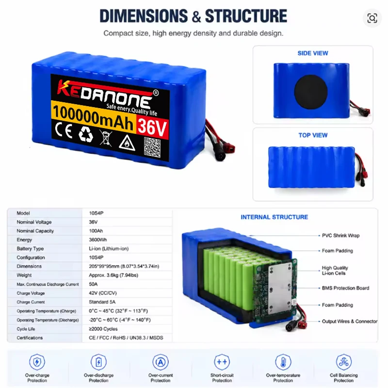 Neuer 36V 100Ah 1000W 10S4P DC/XT60 DC/T Lithium-Ionen-Akku 100Ah für 42V mit BMS