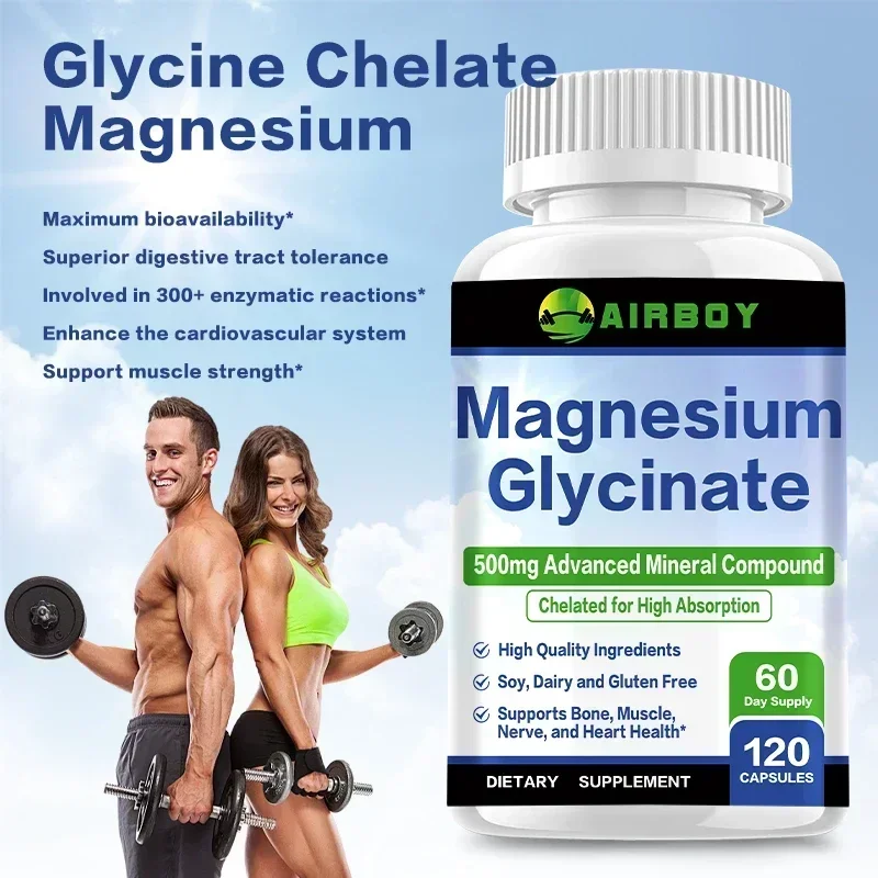 Glicinar de magnesio 500 mg: apoya la salud muscular, ósea y cardiovascular, suplemento mineral, alivia el estrés, promueve el sueño