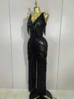 Sparkly Black Rhinestones Sequined Fringe Jumpsuit Women Sexy Nightclub Party Birthday Outfit Show Singer Stage Perform Costume - Image 2
