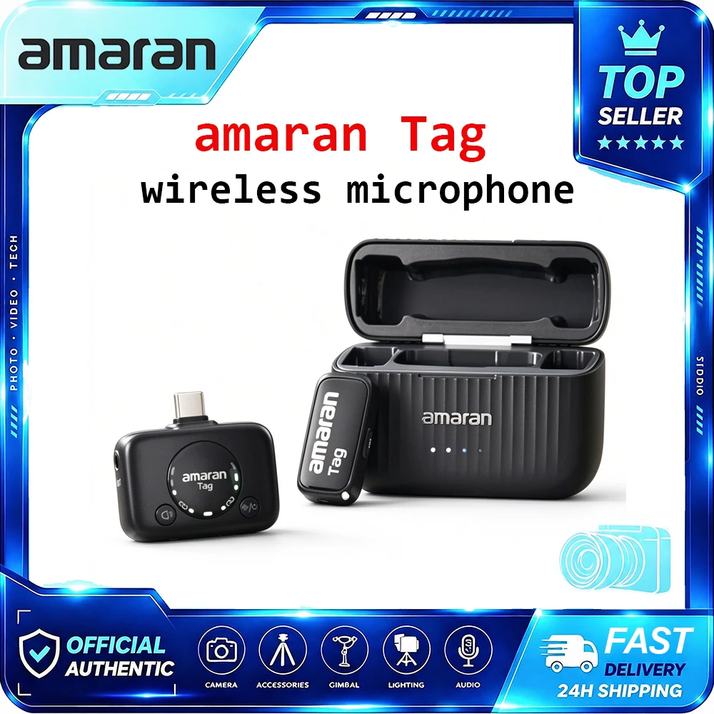 Amaran Tag 2.4G Wireless Lavalier Microphone, Plug‑Play Lapel Mic with Charging Case for Smartphone Camera Vlog Live Streaming