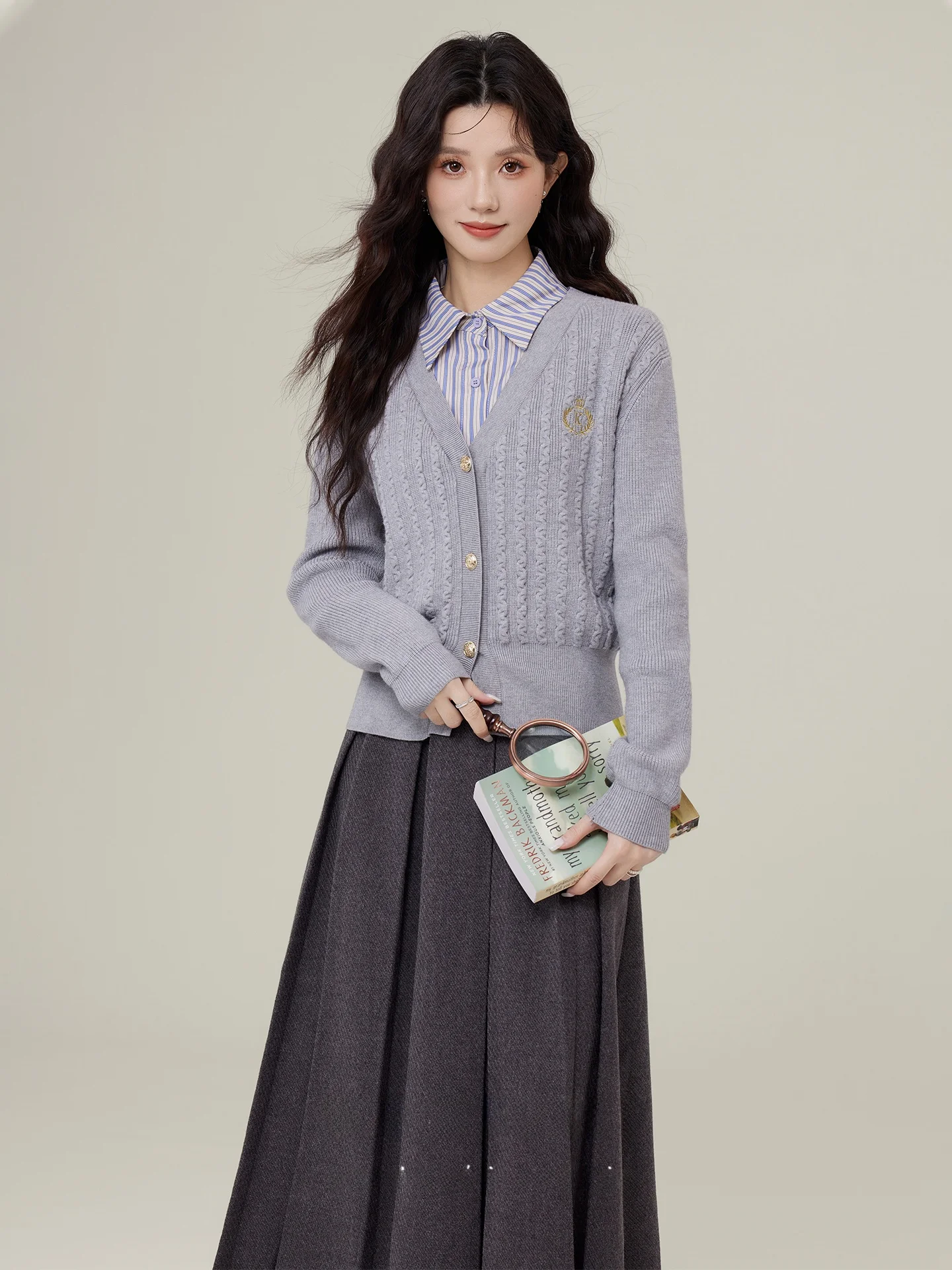

ay Knitted Sweater And Skirt Set Women's Casual Sle Autumn Winter Faion Ensemble Fake Two-Piece Collar Long Sve