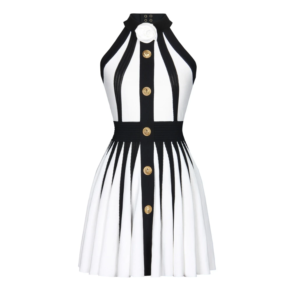 TWOTWINSTYLE Colorblock Slimming Spliced Stripe Dresses for Women Halter Neck Sleeveless Patchwork Single Breasted Dress Female