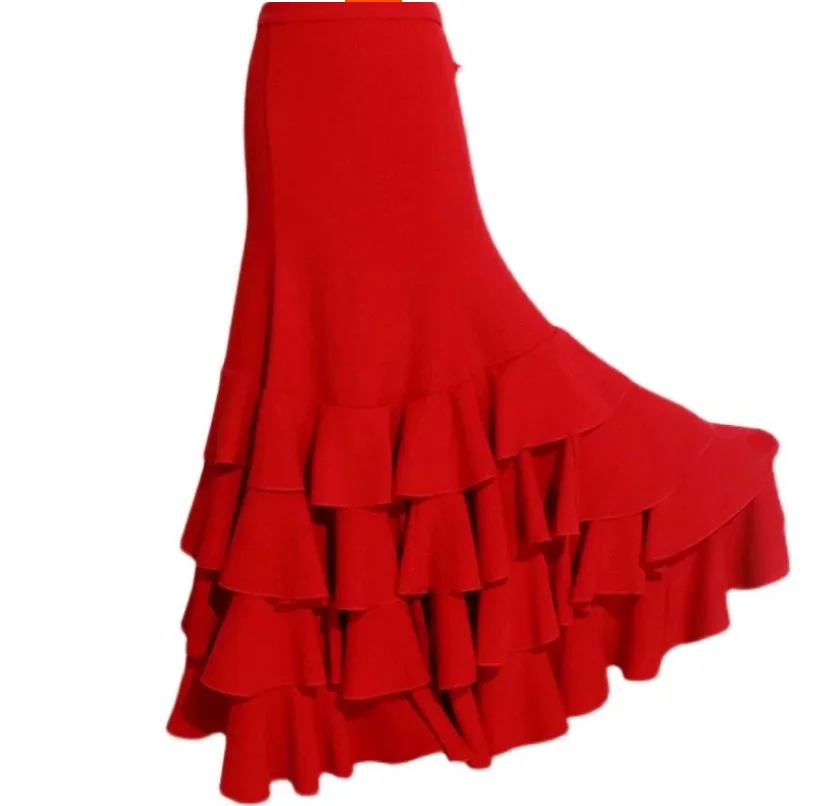 Falda grande de flamenco español con colgante y cuatro capas de hojas de loto, y una falda de media longitud esponjosa.