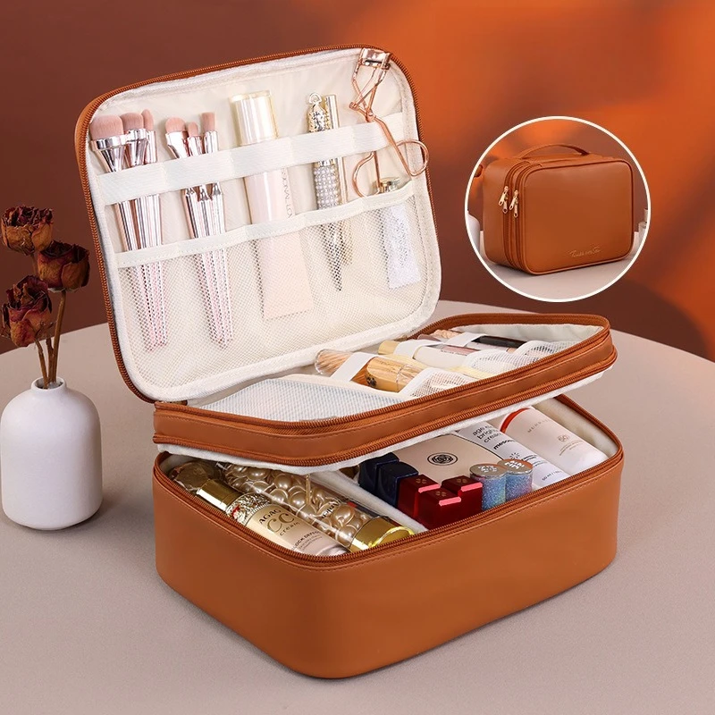 

Двухслойная косметичка из искусственной кожи большой емкости, ручной органайзер для косметики, дорожная сумка для хранения туалетных принадлежностей для красоты