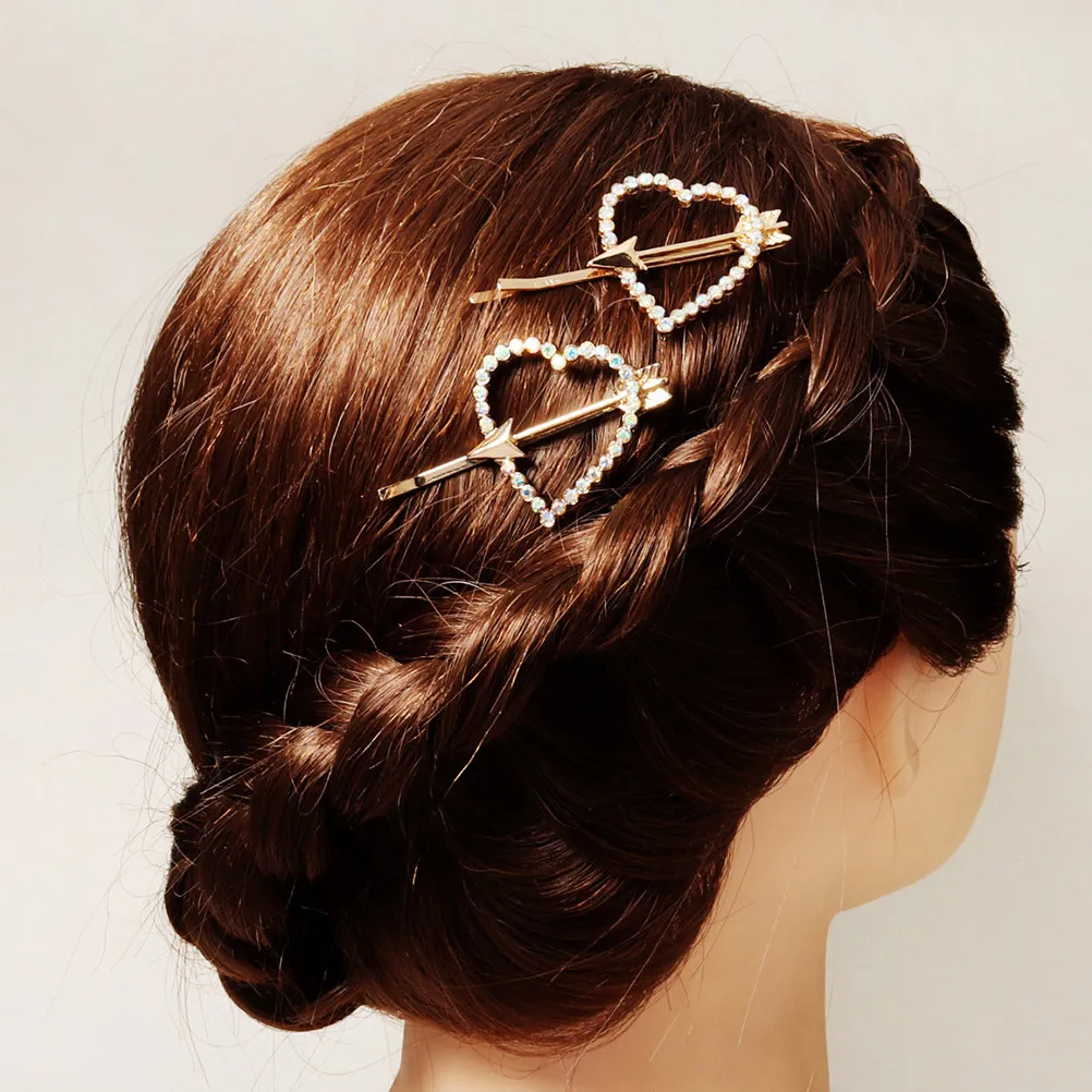 2Pcs Rhinestone Hairpins Heart Decorative Bobby Pins Metal Hair Clips Women Elegant Party Wedding Hair Accessories