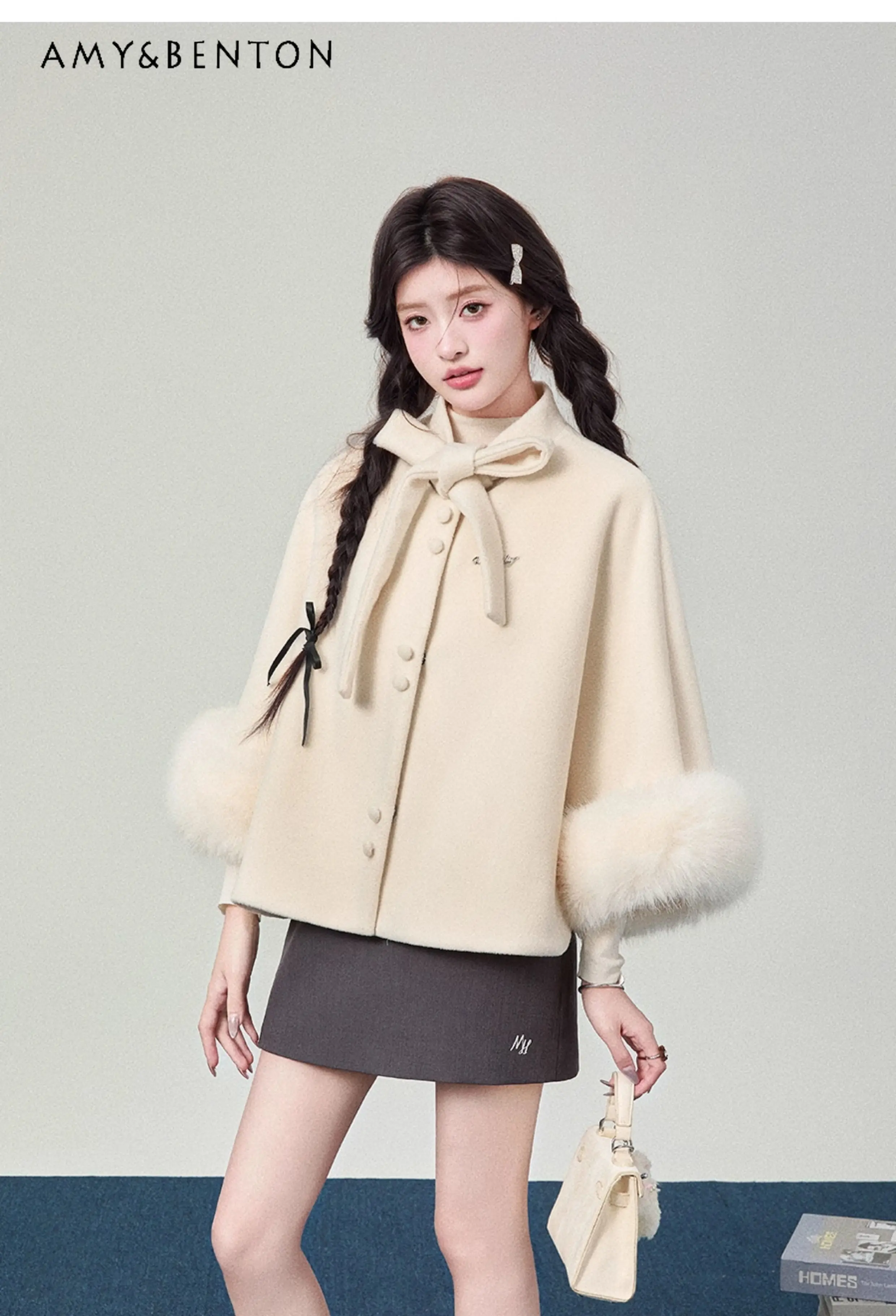 

2025 Autumn Winter New College Style High-End Women's Furry Off-White Floral Gray Black Loose Lace-Up Cloak Coat