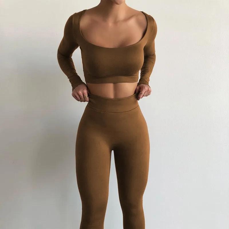 Tenue de salon à manches longues et col en U, haut court, leggings élastiques, coupe couvertes, batterie décontractée, solide, automne, nouveau, ensemble de 2 pièces, 2023