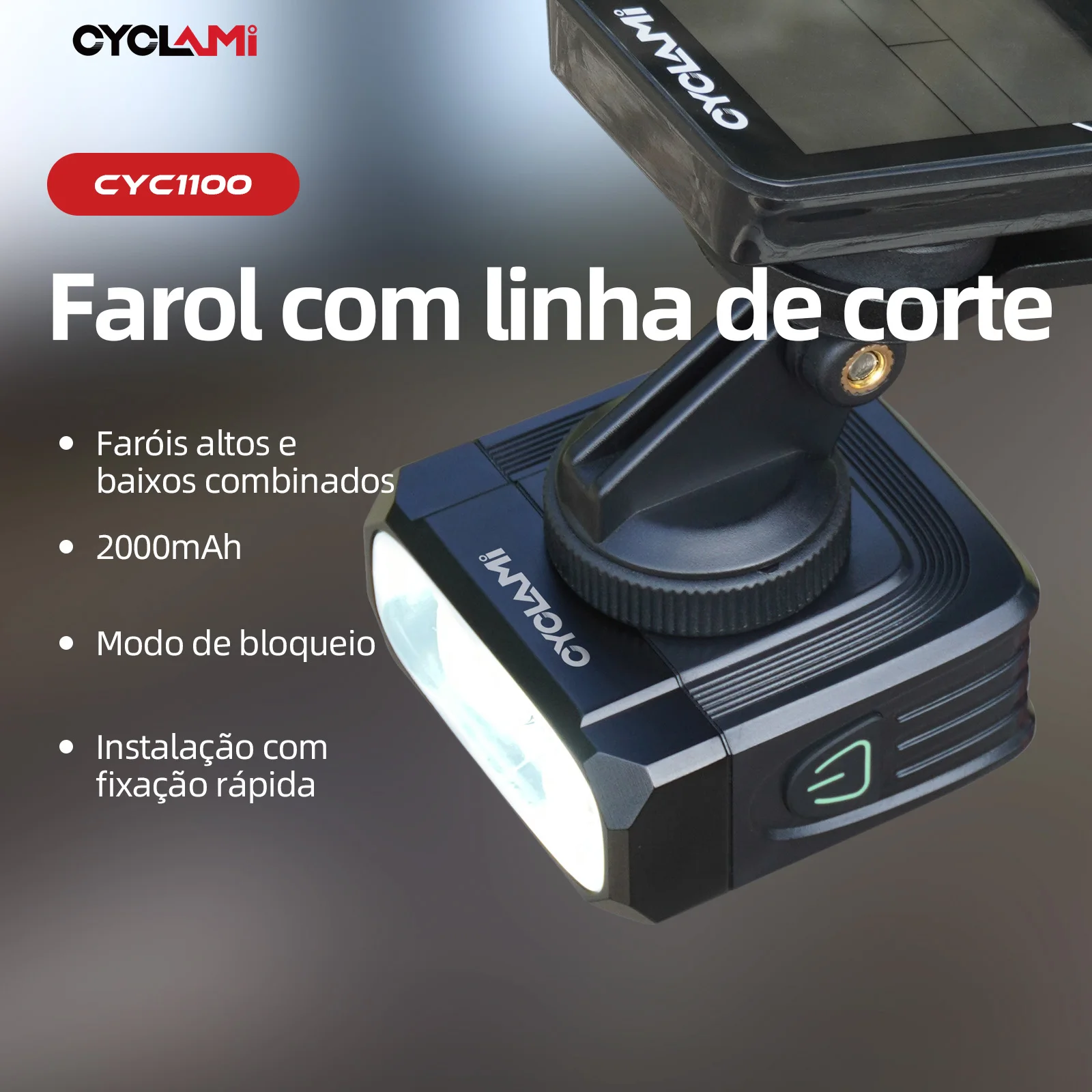 Luz de bicicleta CYCLAMI CYC1100 com feixe de luz de corte, farol para bicicleta de estrada e MTB, ciclismo noturno, 1100 lúmens, 2000mAh Luz de bicicleta CYCLAMI CYC1100 com feixe de luz de corte, farol para bicicleta de estrada e MTB, ciclismo noturno, 1100 lúmens, 2000mAh