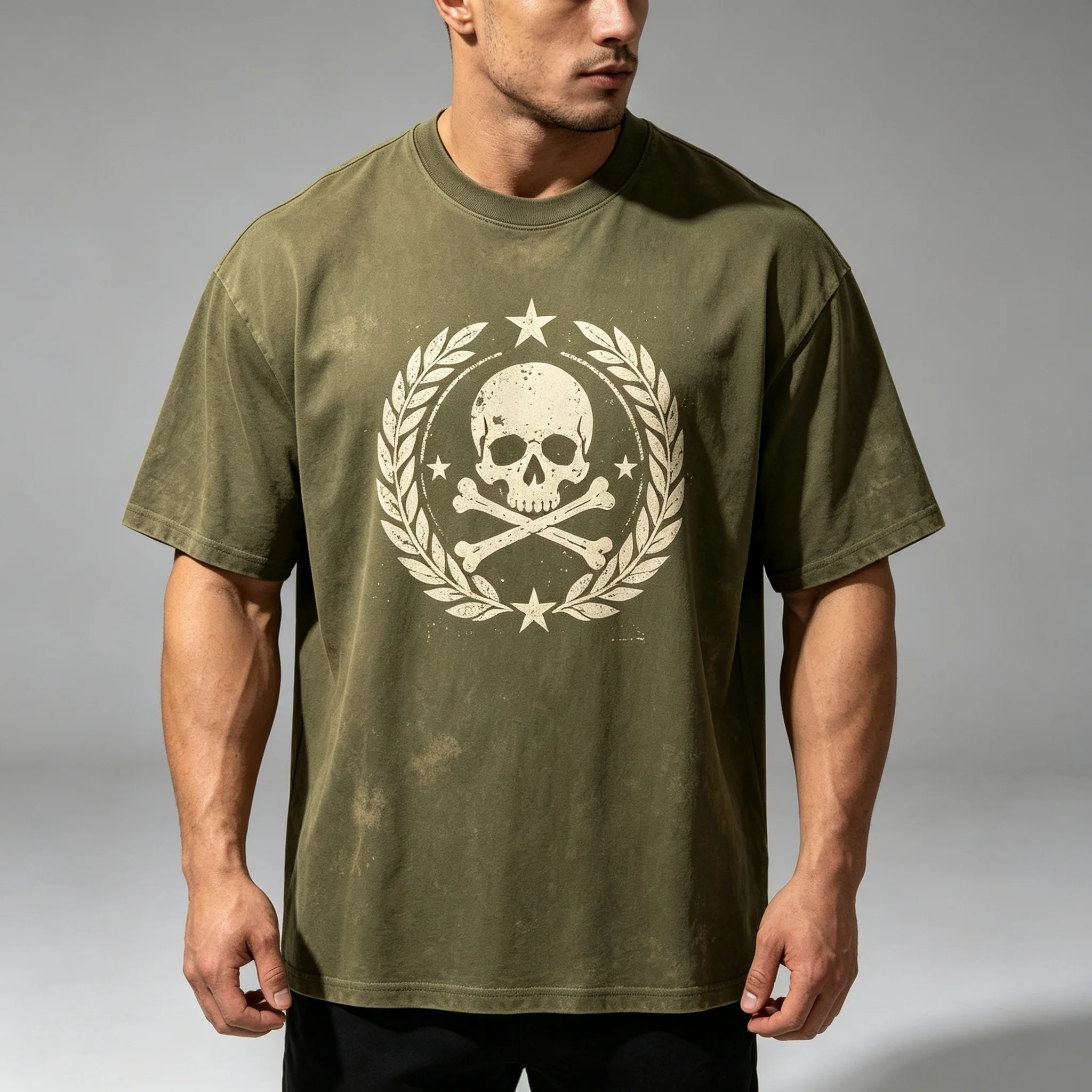 Men Vintage Washed Laurel Wreath Skull Crossbones Graphic T-Shirt, Loose Short Sleeve Tee, Gothic Punk  Casual Tops For Summer