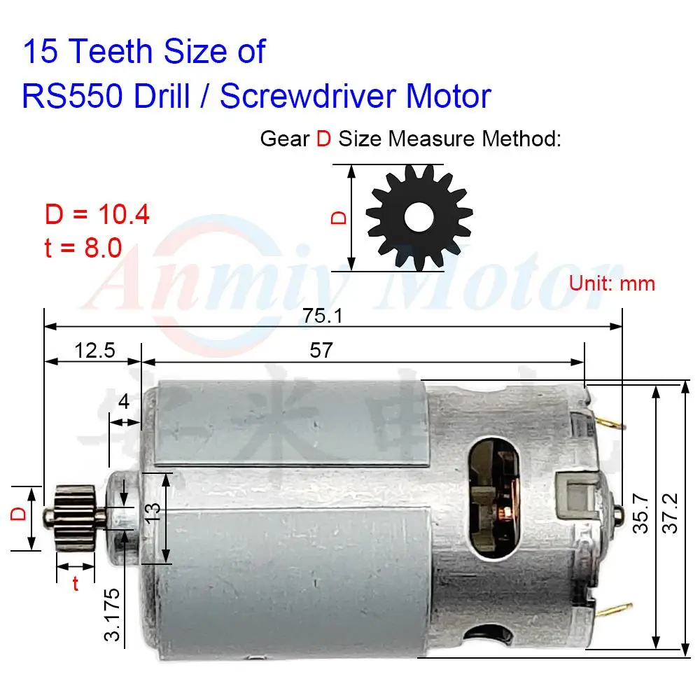 RS550 Drill 15 Teeth 9.6 10.8 12V 14.4 16.8 18V 21V 25 V Li-ion Battery Screwdriver DC Motor, Replacement Recharge Power Tools