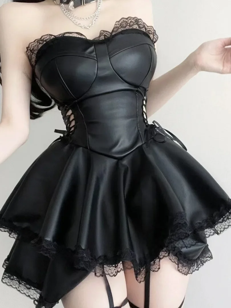 Pure Desire Style Spicy Girl Sweet Cool Strapless Waist Cinching Design Lace Leather Dress Elegant Sweet Bandage Mini Dress