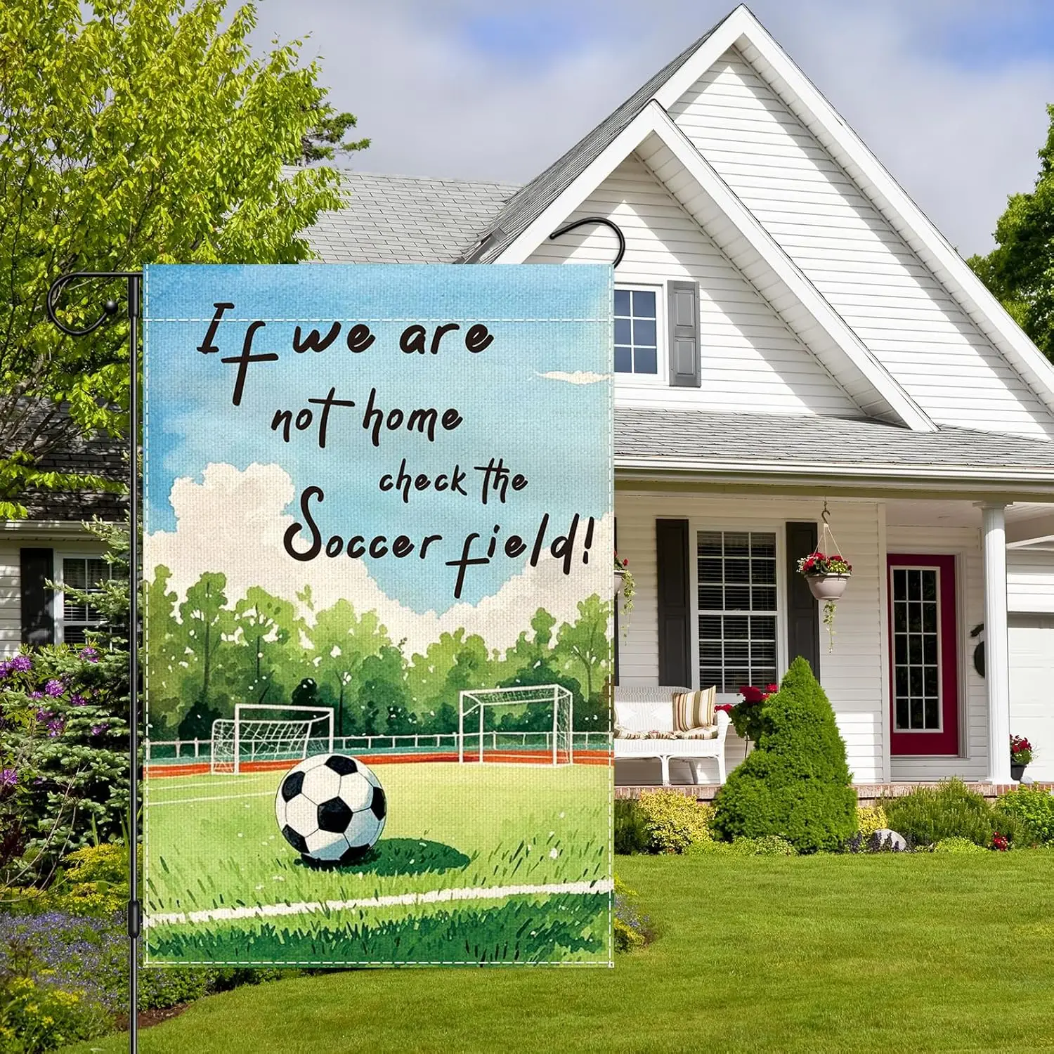 Soccer flags 12X18 Double Sided, If We Are Not Home Check The Ball Field Yard Flags for Courtyard Decoration, Soccer Garden  LLG