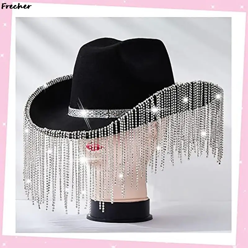 Rhinestones Fringe Sun Hat Elegant Women Wedding Panama Dress Up Cosplay Party Cap Western Tassels Cowgirl Hats Crystal Chapeau