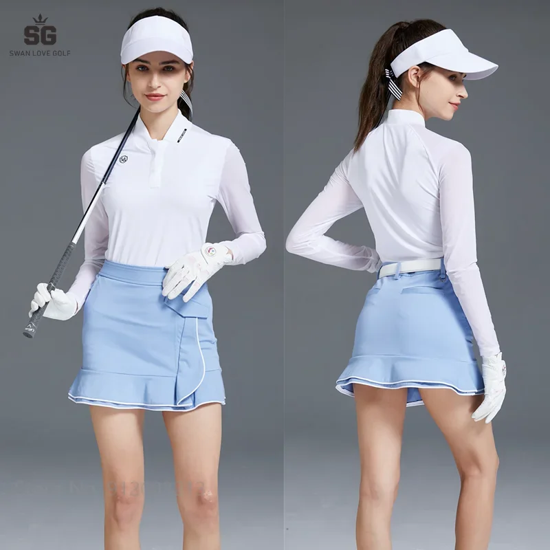 Swan Love Golf Sunscreen Women Shirt Ice Silk Long Sleeve T-shirt Ladies Slim Pencil Skirt Blue Ruffle Skort Golf Clothing Suits