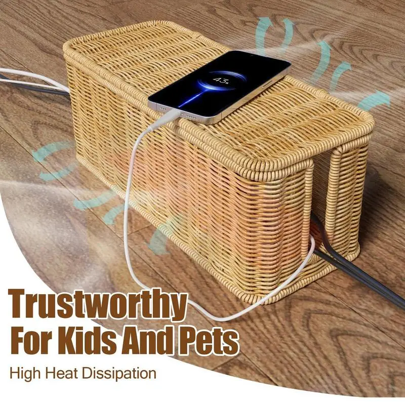 Handmade Cable Management Box Durable Rattan Cable Organizer 2 Open Slots Cords Hider Box Breathable For USB Hubs