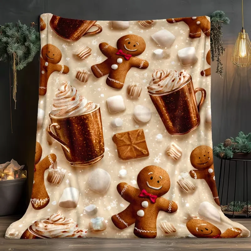 Vintage Xmas Gift Box Hot Cocoa Knit Hat Star Print Throw Blanket Soft Warm Sofa Bed Blanket Winter Holiday Home Decor Blanket