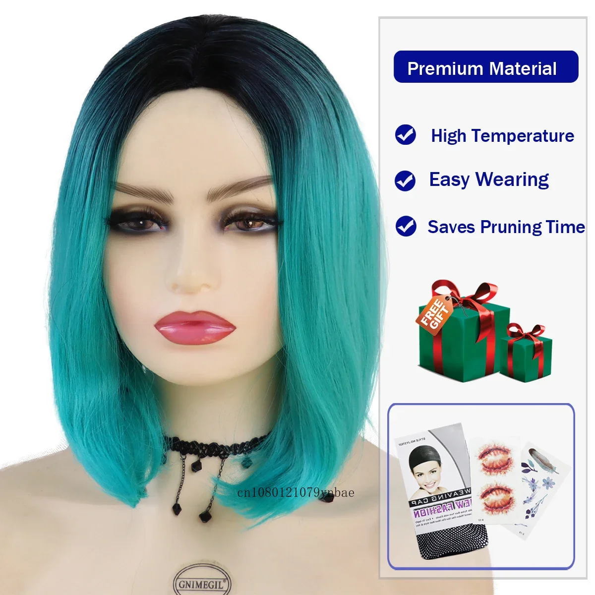 Ombre Cyan Cosplay Lolita Wigs Synthetic Bob Dark Root Wigs for Women Lady Natural Looking Halloween Daily Party Costume Use