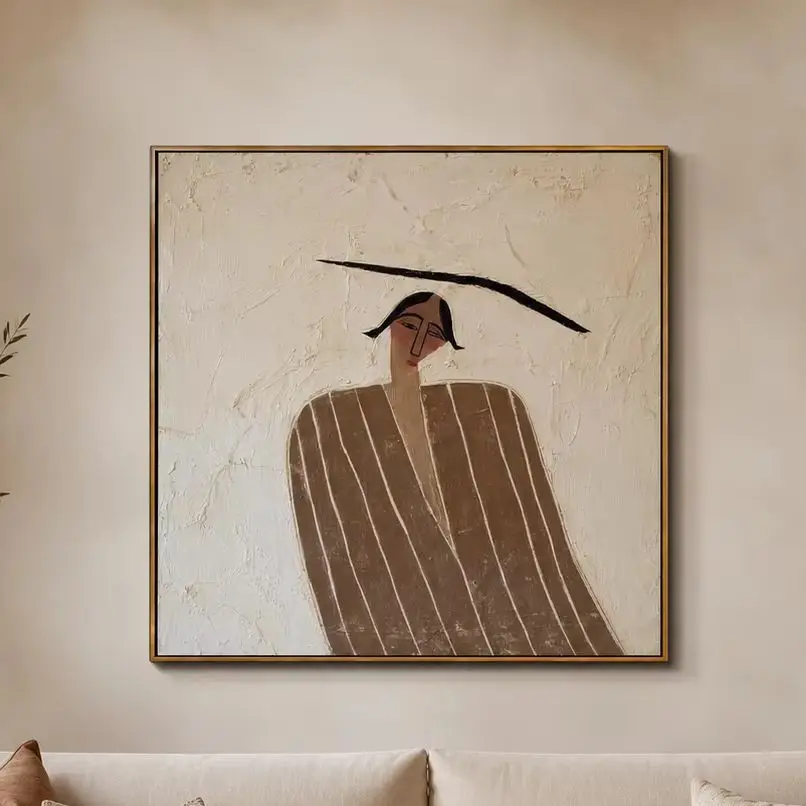 The Cream Solitude – Wabi-Sabi Heavy Textured Woman Portrait Painting | Canvas Wall Printfor Bedroom, Living Room, Office