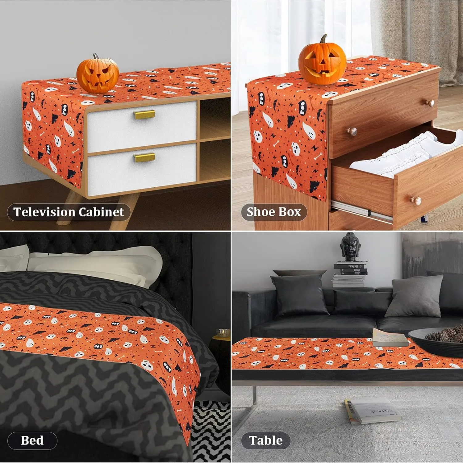 Halloween Table Runner, Cotton Linen Table Runner, Classic Halloween Elements Tablecloth-bat、Ghost for Bedroom Home Living Room