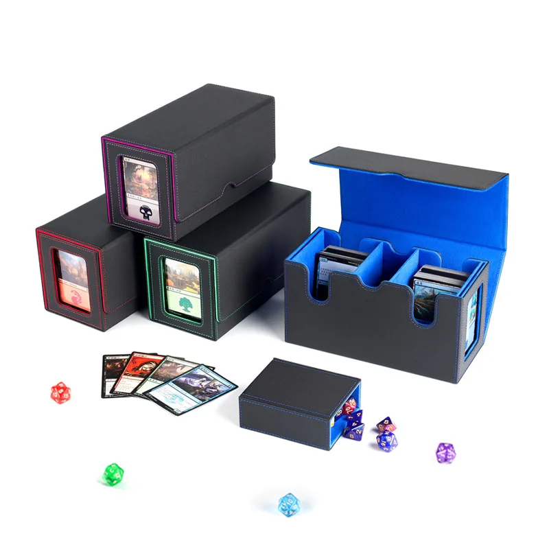 Magnetic PU Dual Compartment Vertical Card Box Double Window Portable TCG CCG PTCG Storage Case with 4 Dividers & 2 Hard Sleeves