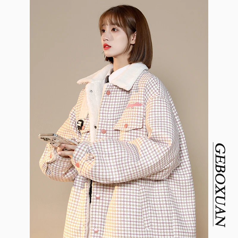 Women\'s Plaid Parka Jacket Overcoat Warm Long Sleeve Down Jackets Vintage Harajuku Korean Padded Jacket Winter 2000s 90s Clothes