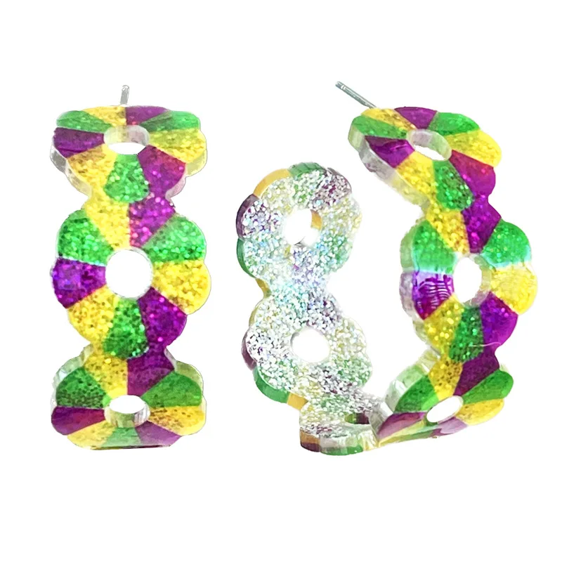 Mardi Gras Carnival Glitter Acrylic Hoops Flower Circle Holiday Earrings Women Jewelry Wholesales