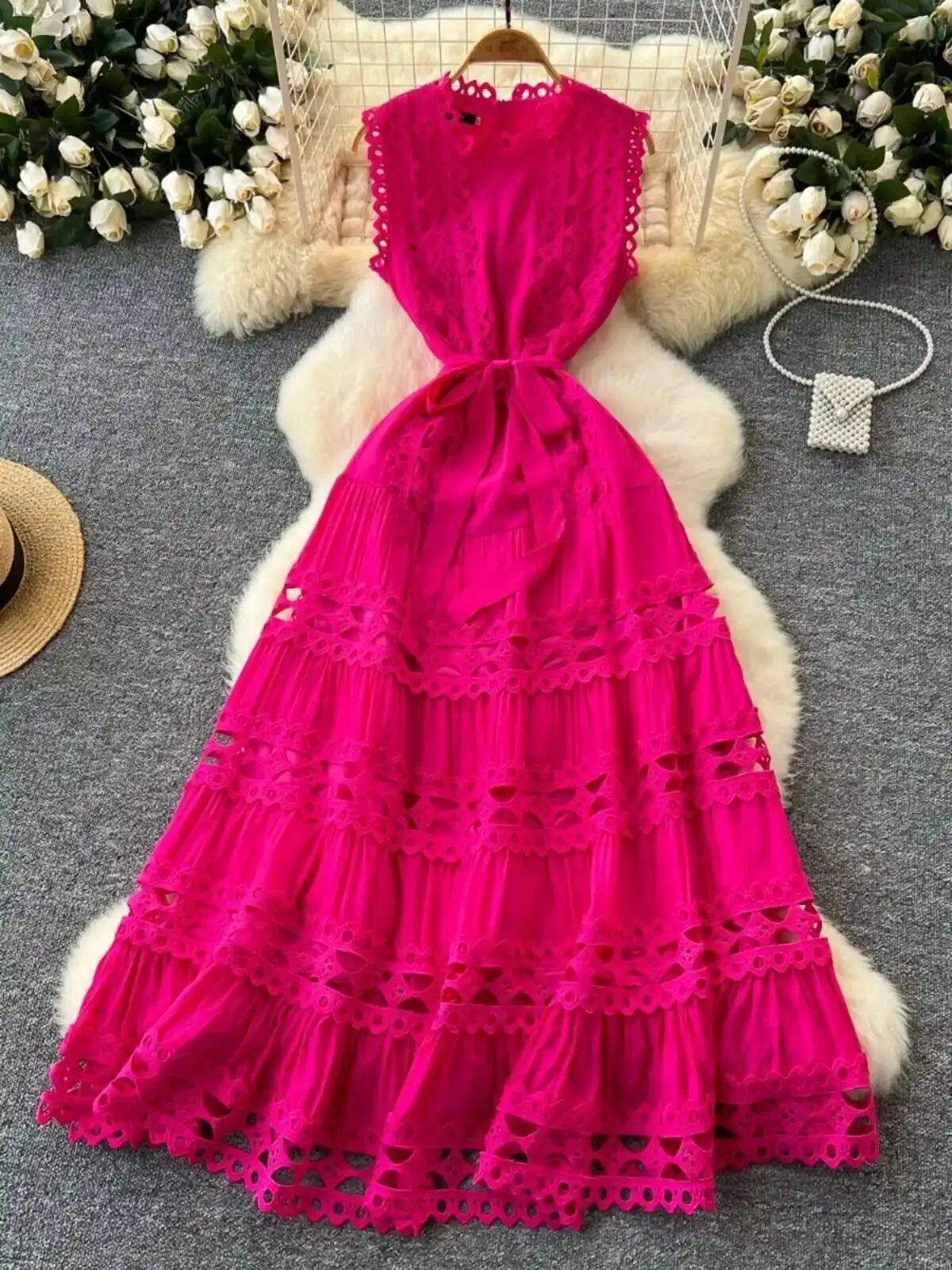 Luxury Elegant Embroidery Long Holiday Dresses Women Summer Sleeveless Hollow Out Belt A Line Evening Party Vestidos
