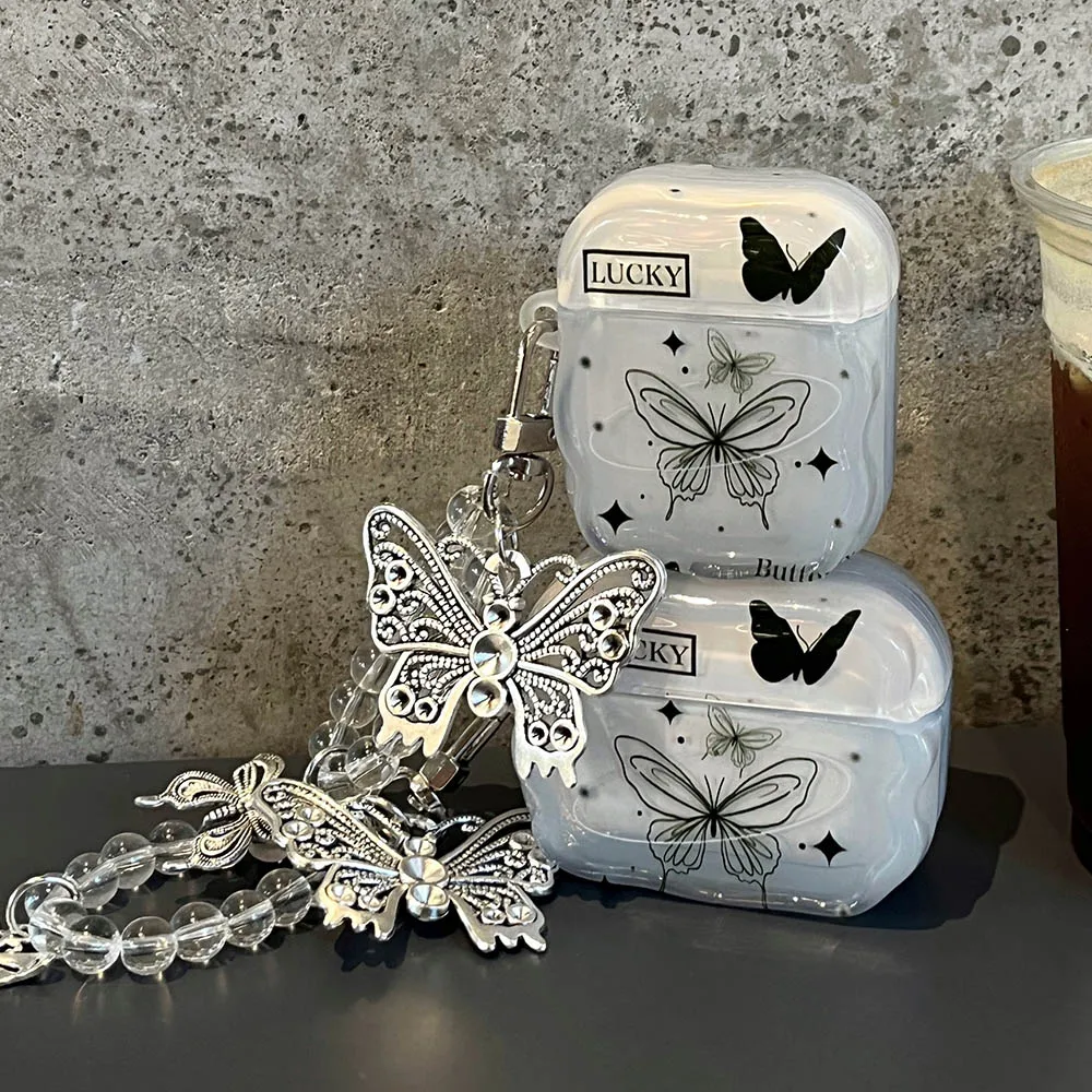 Llavero colgante de mariposa de Metal chapado en negro INS para Apple Airpods Pro 2 1 3 funda de lujo con borde trenzado transparente