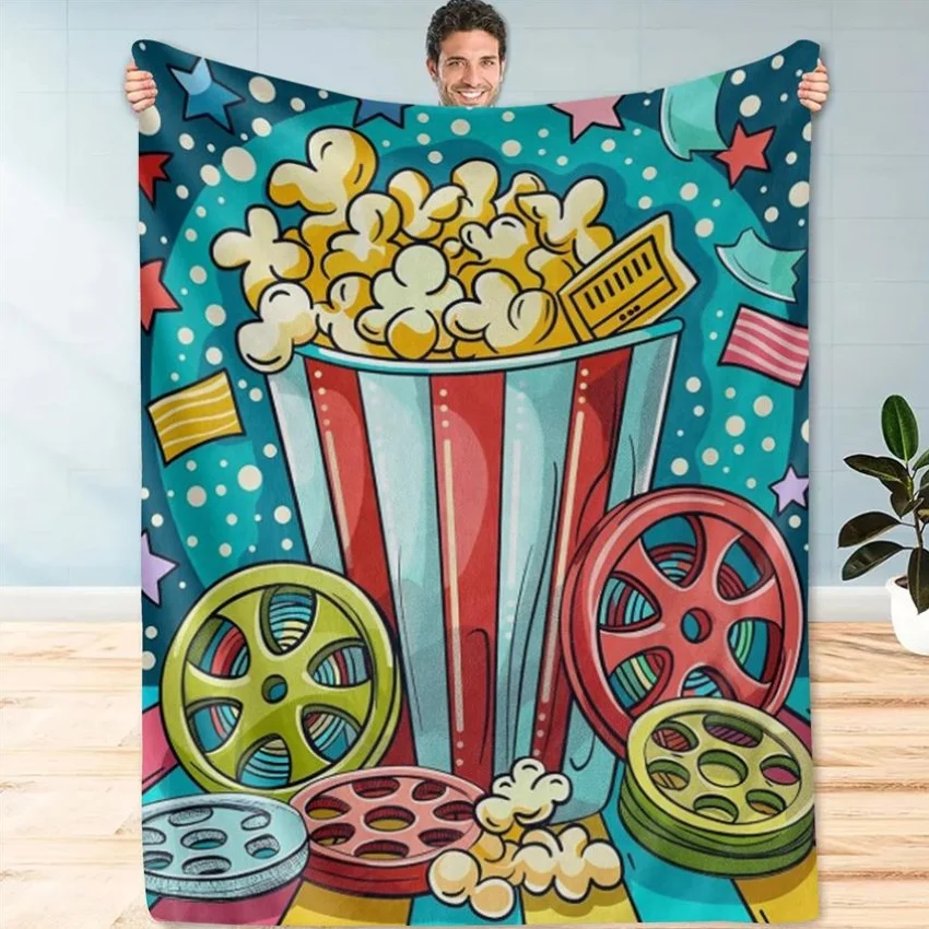 Popcorn movie theater pattern Flannel printed blanket suitable for all seasons suitable for living room office sofa and travel